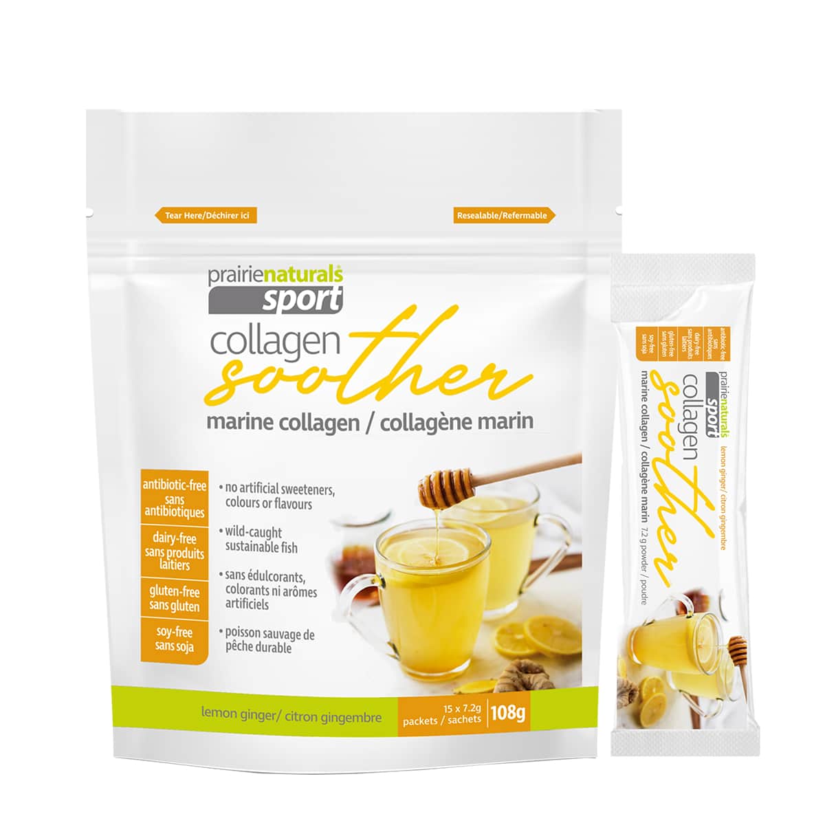 Prairie Naturals - Marine Collagen Soother - Lemon Ginger - 7.2g x 15