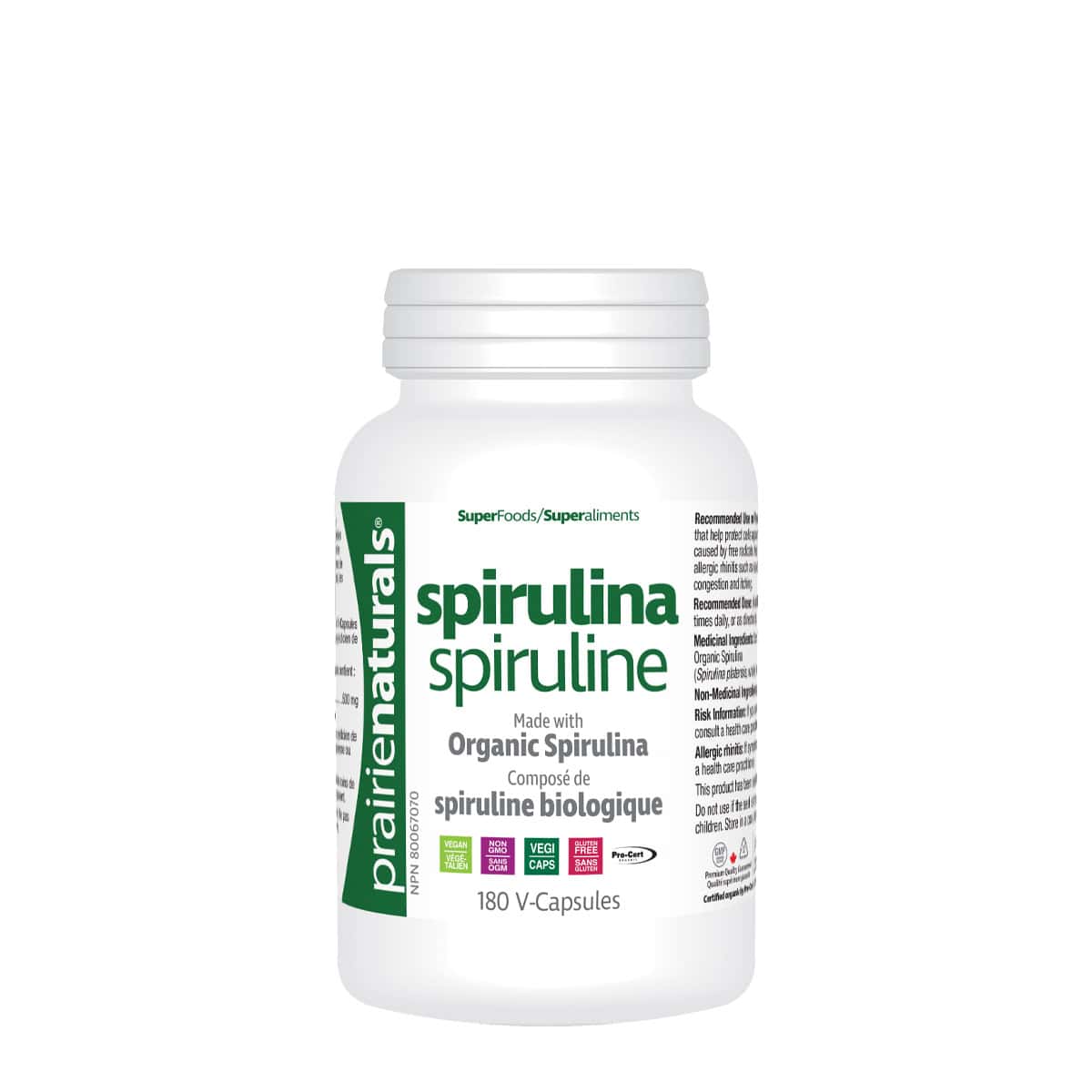 Prairie Naturals - Organic Spirulina Blue Green Algae - 180 V-Caps