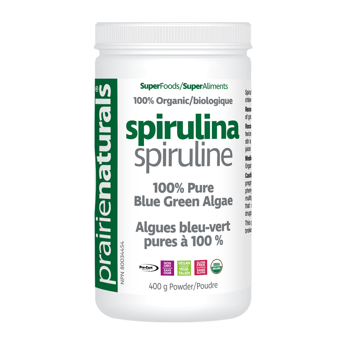 Prairie Naturals - Organic Spirulina Blue Green Algae - 400g