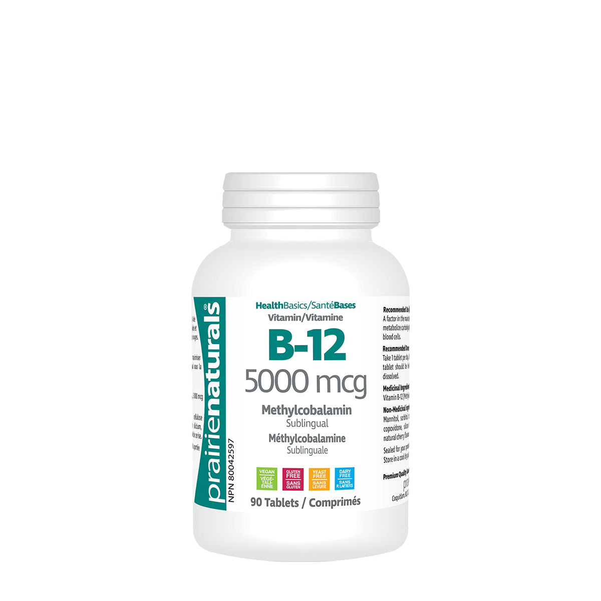 Prairie Naturals - Sublingual B12 Methylcobalamin 5,000mcg - 90 Tablets
