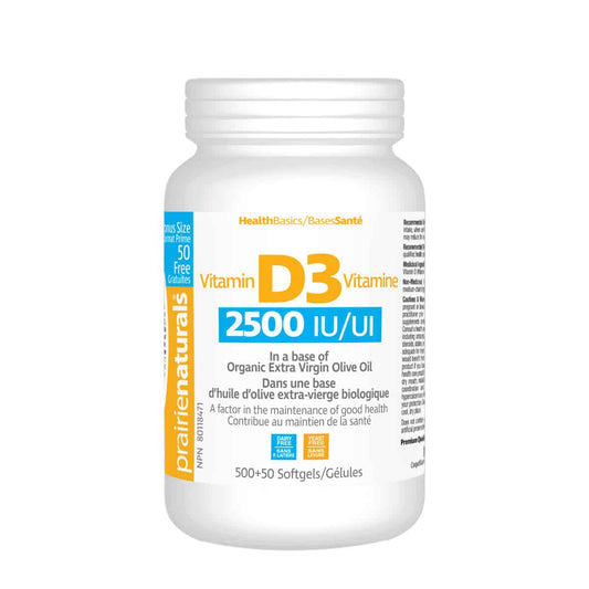 Prairie Naturals - Vitamin D3 Cholecalciferol 2,500 IU in Organic Extra-Virgin Olive Oil - 500 + 50 Softgels