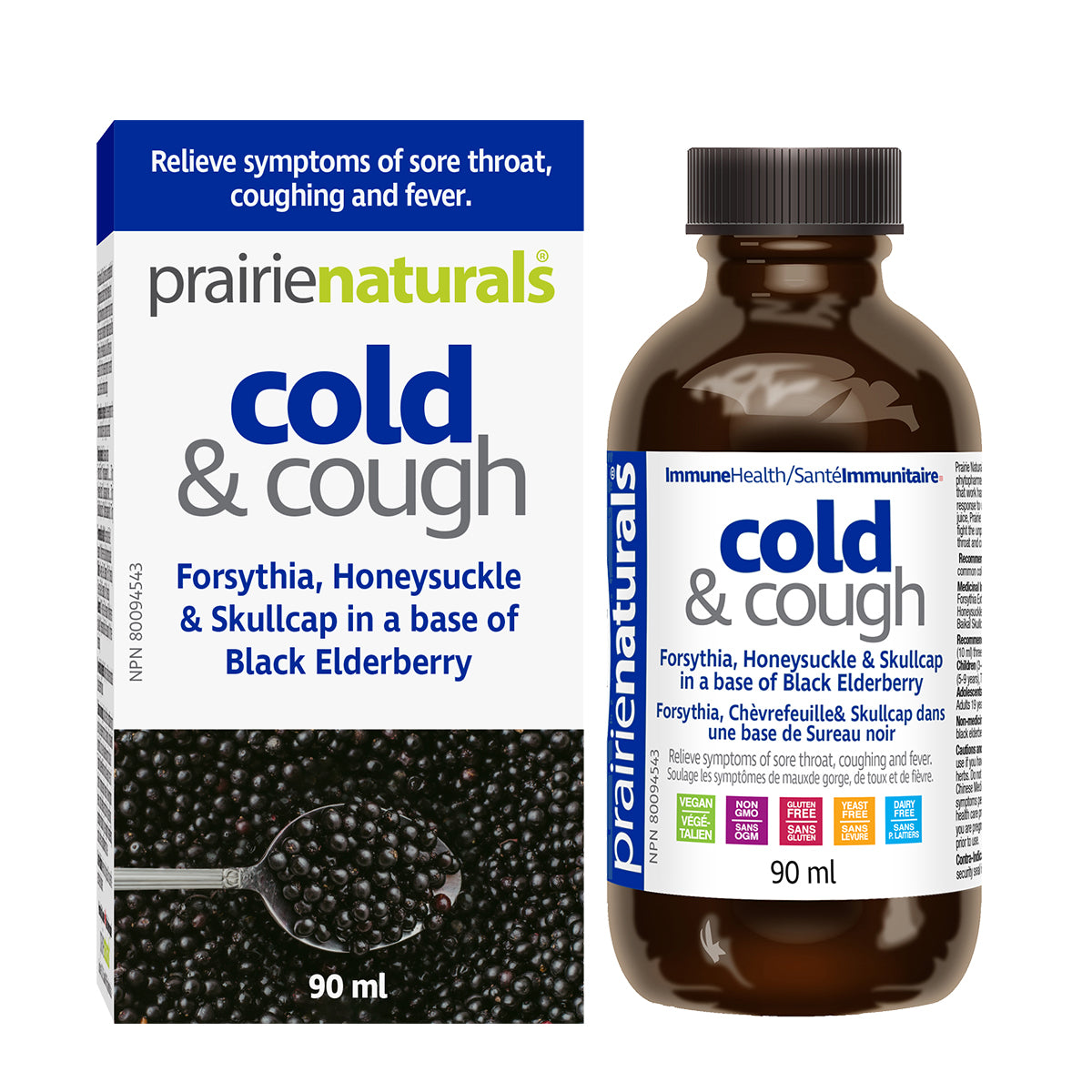 Prairie Naturals - Cold & Cough Forsythia, Honeysuckle, & Skullcap in Black Elderberry Syrup - 90mL