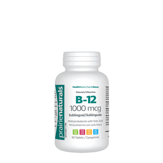 Prairie Naturals - Sublingual B12 Methylcobalamin 1,000mcg + Folic Acid - 90 Tablets