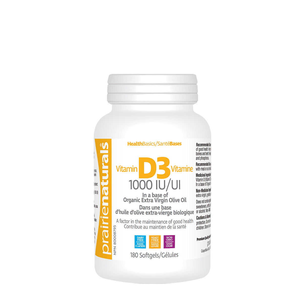 Prairie Naturals - Vitamin D3 Cholecalciferol 1,000 IU in Organic Extra-Virgin Olive Oil - 180 Softgels