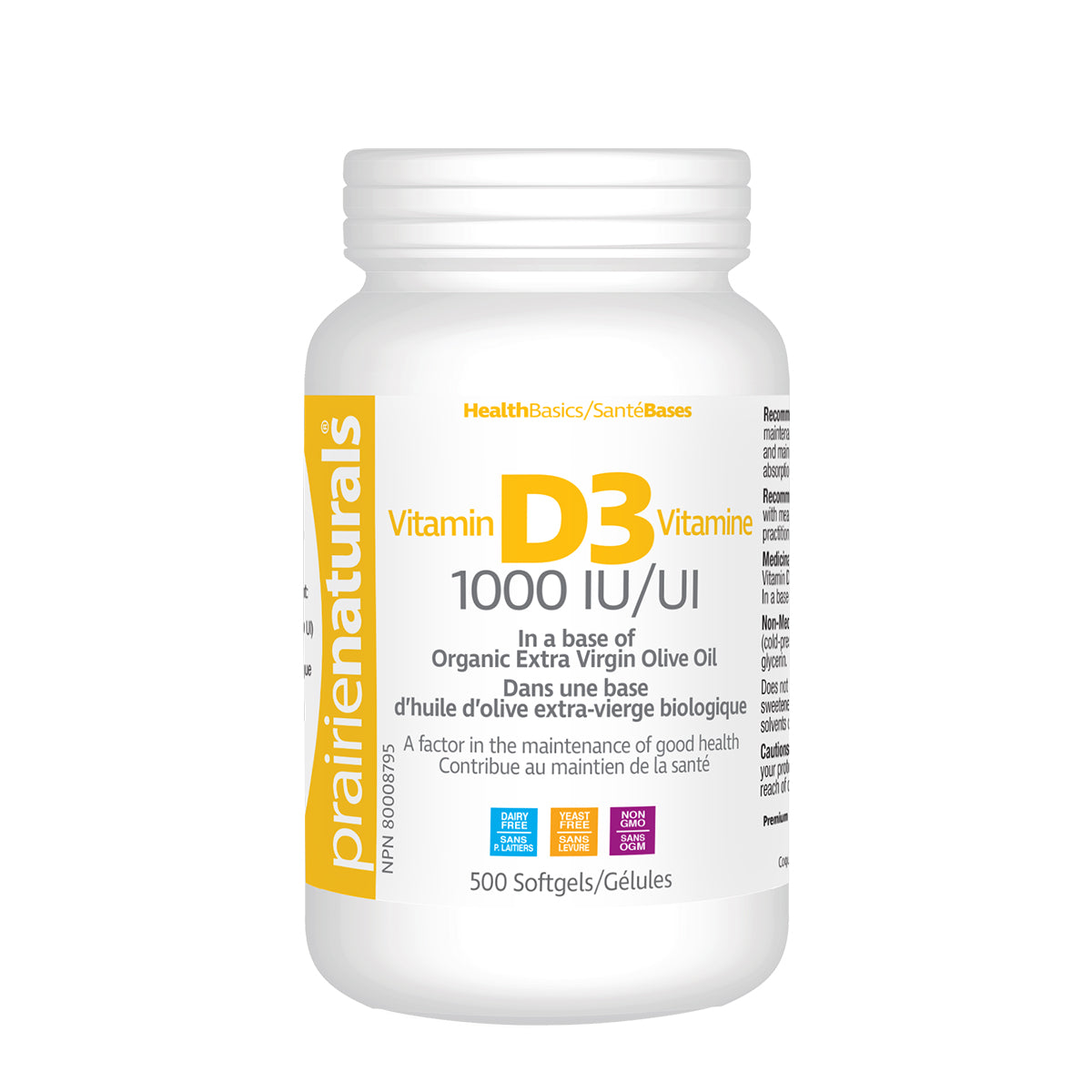 Prairie Naturals - Vitamin D3 Cholecalciferol 1,000 IU in Organic Extra-Virgin Olive Oil - 500 Softgels