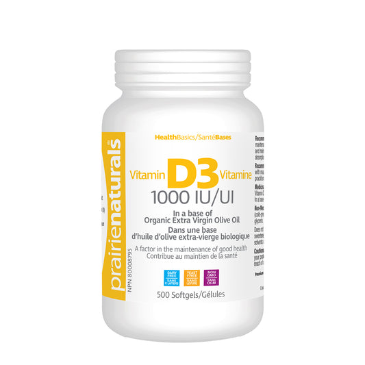Prairie Naturals - Vitamin D3 Cholecalciferol 1,000 IU in Organic Extra-Virgin Olive Oil - 500 Softgels